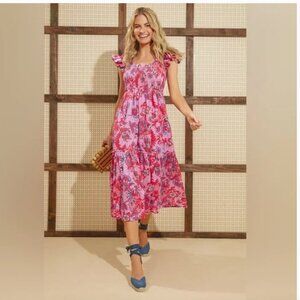 Tuckernuck Bougainvillea Breeze Mallie Pink Smocked Floral Midi Dress